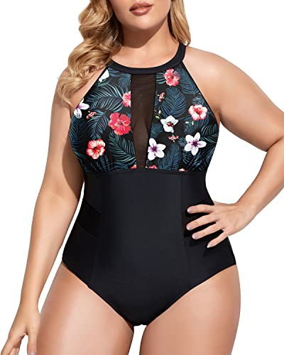 Tummy Control Monokini Bathing Suits For Plus Size Women-Black Floral