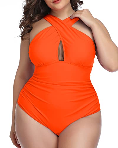 Elegant Backless Plus Size One Piece Swimsuits Keyhole-Neon Orange