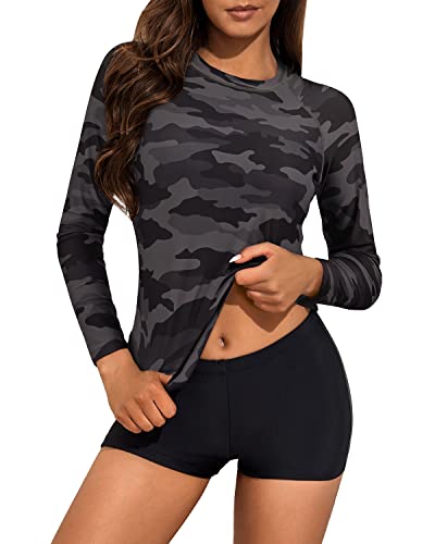 Women's Long Sleeve Two Piece Rash Guard And Boyshort Swimsuit Set-Black Camouflage