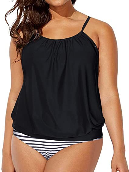 Women's Hide Problem Areas Plus Size Tankini Swimsuits-Black Stripe