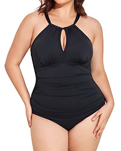 Plus Size Plunge Mesh Cut Out One Piece Swimsuit For Women-Black