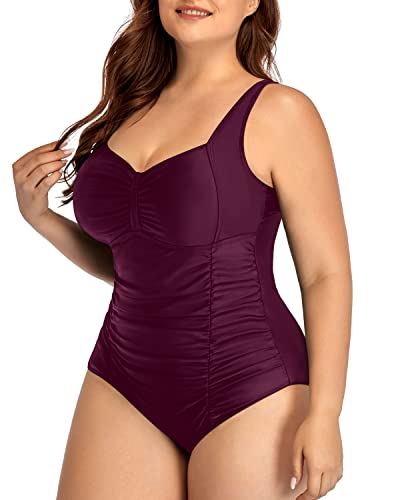 Tummy Control Retro Push Up Plus Size Swimsuit-Maroon