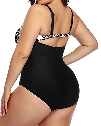 Tummy Control Plus Size Swimsuit Ruched Bottom-Black Leaves