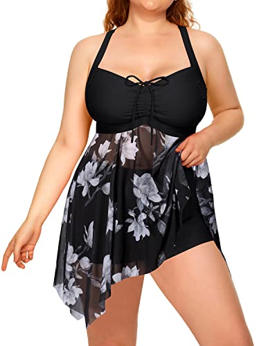 Retro Mesh Long Torso Swimsuits Tankini Two Piece Swim Dress-Black