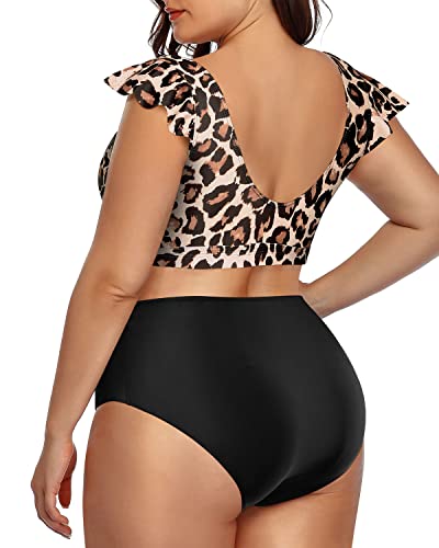 V-Neck Hollow Out Bikini Top And High Waisted Bottom Two Piece Swimsuits For Women-Black And Leopard