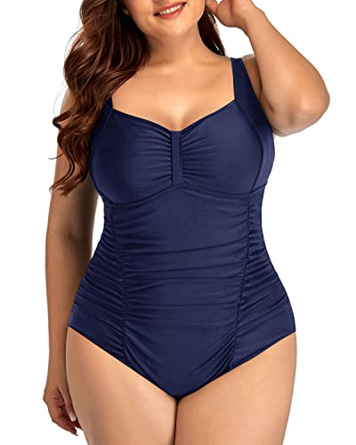 Tummy Control Backless Plus Size Swimwear-Navy Blue