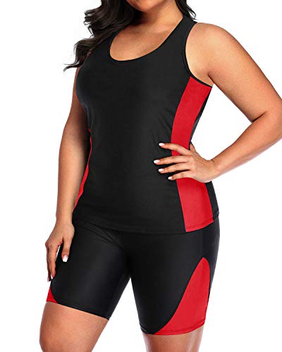 Racerback Plus Size Tankini Tummy Control And Boyshorts-Black And Red