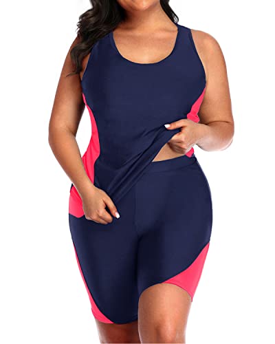 Wide Strap Unitard Plus Size Racerback Tankini Set For Women-Navy Blue And Pink