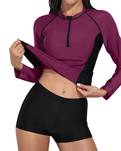 Stylish Women's Long Sleeve Rash Guard Swimwear Boy Shorts-Purple