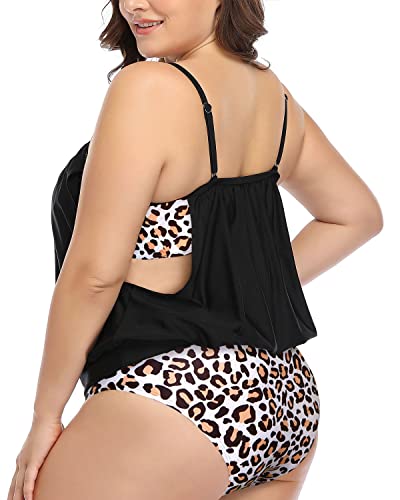 Women's Double Up Tummy Control Plus Size Tankini Swimsuits-Black Leopard