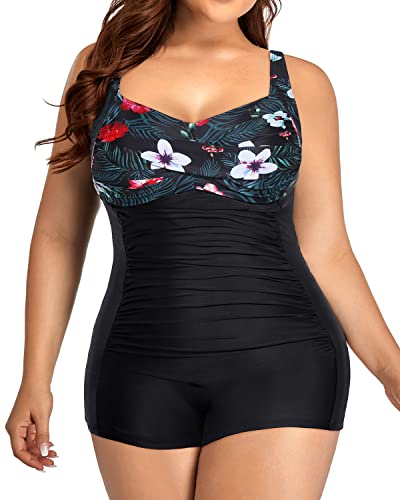 Retro Twist Front Tummy Control Women's Plus Size Swimwear-Black Floral