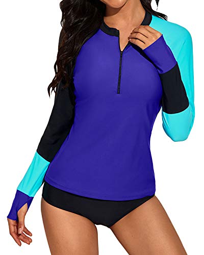 Women Two Piece Long Sleeve Rash Guard Boy Shorts-Black Blue Splicing