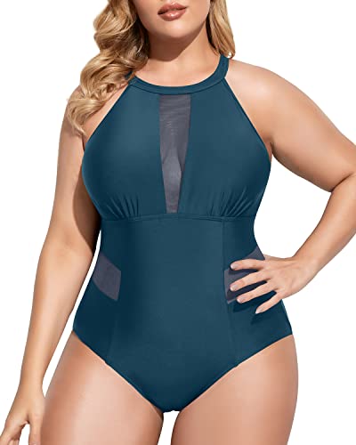 Elegant Mesh Cut Out Monokini Plus Size Swimsuit For Curvy Women-Teal