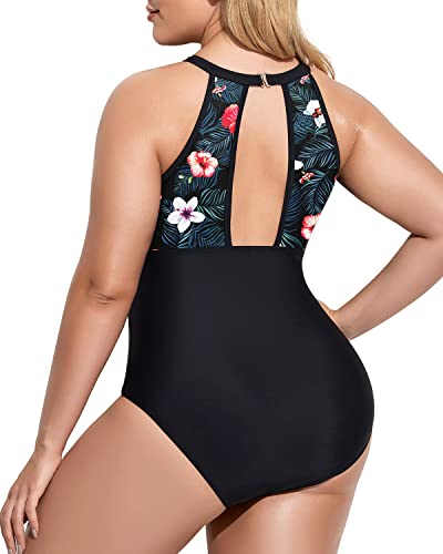 Tummy Control Monokini Bathing Suits For Plus Size Women-Black Floral