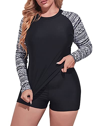 Women's Plus Size 2 Piece Rash Guard Swimsuit Boyleg Bottom-Black And White Snake Print