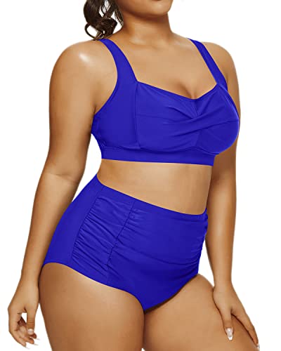 Flattering High Waisted Two Piece Swimsuit Open Back Retro Bikini-Royal Blue