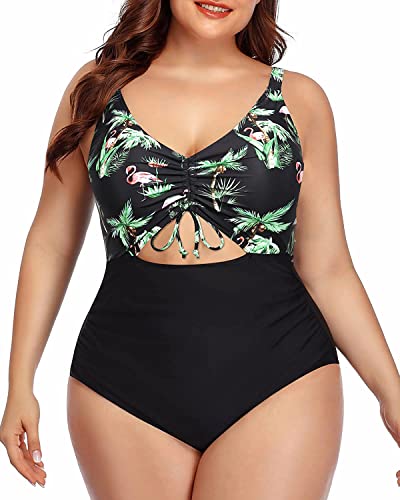 Ruched Tummy Control Large Size Swimwear-Black Palm Tree