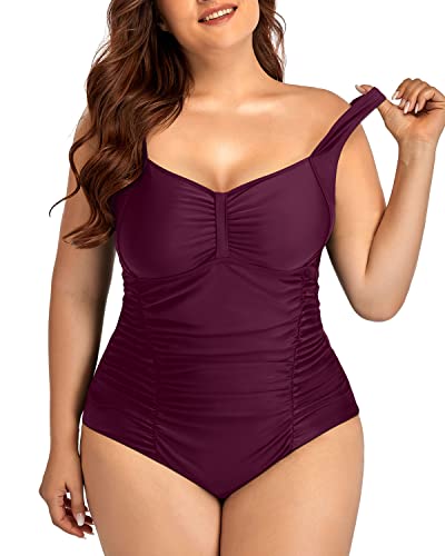 Tummy Control Retro Push Up Plus Size Swimsuit-Maroon