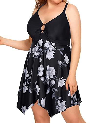 Irregular Hem Plus Size Swimdress Boylegs For Women-Black