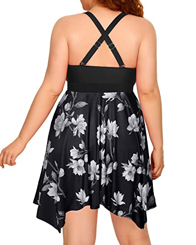 Sexy Cross-Back Plus Size Two Piece Swimdress Boyshorts For Women-Black