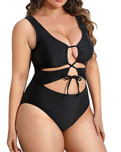 V Neck Plus Size Cutout One Piece Swimsuits For Women-Black