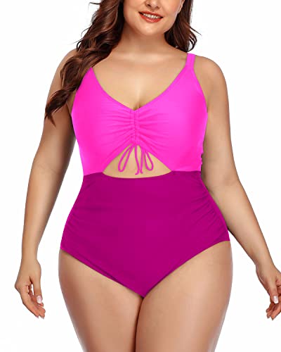 Modest High-Waisted Plus Size Monokini Swimsuits-Phosphor And Dark Pink