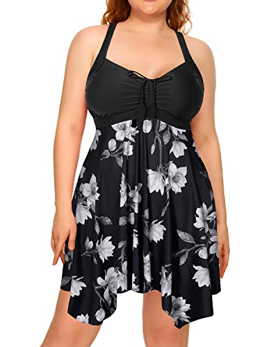 Sexy Cross-Back Plus Size Two Piece Swimdress Boyshorts For Women-Black