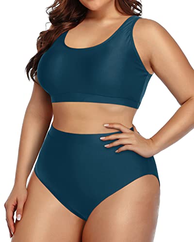 Comfortable High Quality Plus Size Bikini Set High Waisted Bottoms-Teal