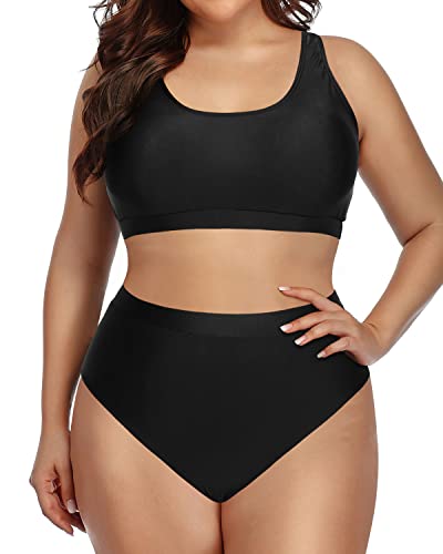 Sporty Scoop Neck Bikini Set High Waist Bottoms For Plus Size Women-Black