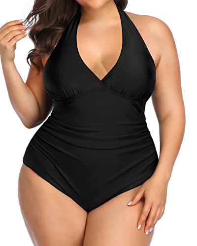 Ruched Tummy Control V Neck Plus Size One Piece Swimsuits-Black