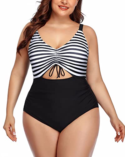 High Waisted Monokini Bathing Suit For Plus Size Women-Black And White Stripe