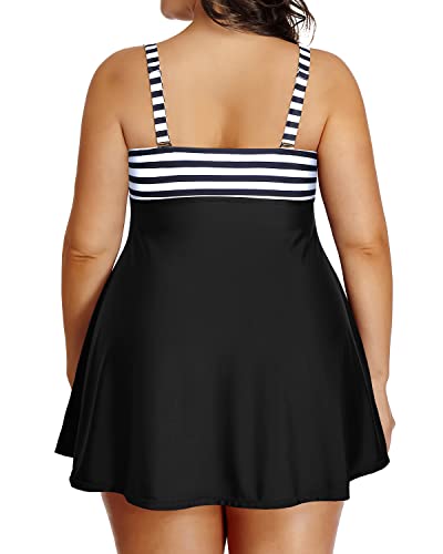 Slimming Plus Size Swimdress Tummy Control Shorts-Black And White Stripe