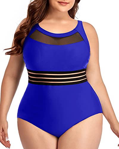 Classic High Neck Mesh One Piece Swimsuits For Women Plus Size-Royal Blue