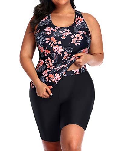 Comfortable Racerback Tankini Boyshort For Plus Size Women-Black Pink Flower