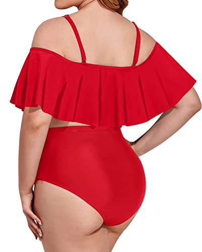 Flattering Tummy Control Two Piece Bathing Suit For Plus Size Women-Red