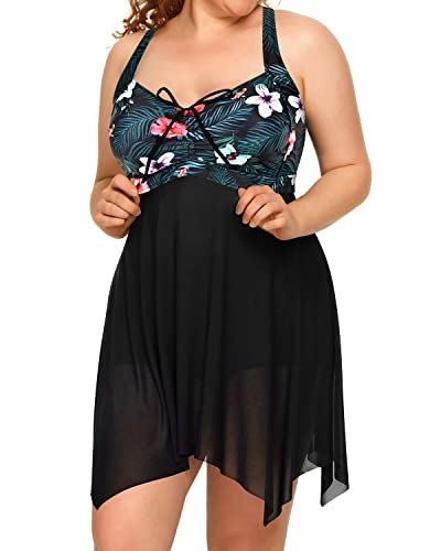 Irregular Hem Mesh Swim Dress Boyshorts Long Torso Swimsuits-Black Floral