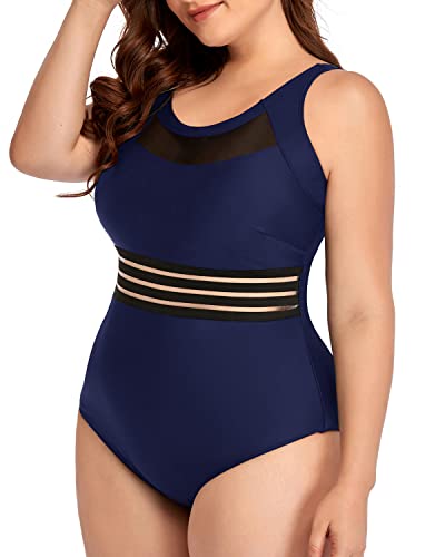 Women's Vintage High Neck One Piece Swimsuits Plus Size-Navy Blue