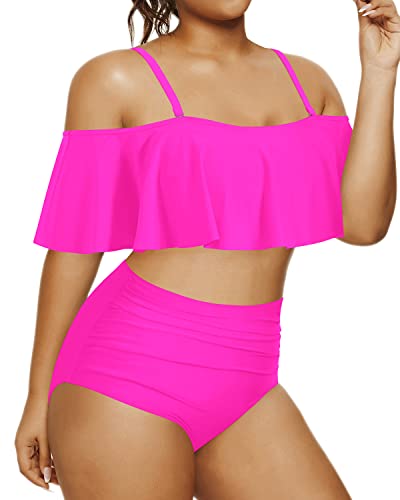 Retro-Inspired Plus Size High Waisted Bikini Ruched Bottoms-Neon Pink