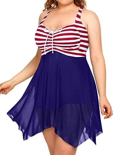 Irregular Hem Two Piece Swim Dress Boyshorts For Plus Size Women-Flag