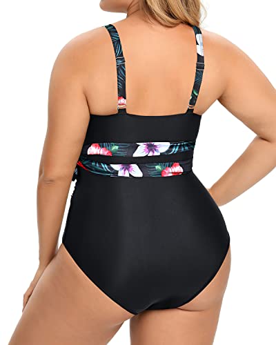 Sexy Wrap Criss Cross Belted Plus Size One Piece Swimsuits-Black Floral