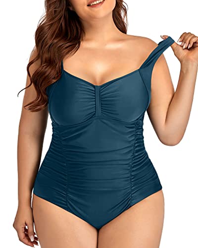 Ruched Front Retro Swimwear For Curvy Women-Teal