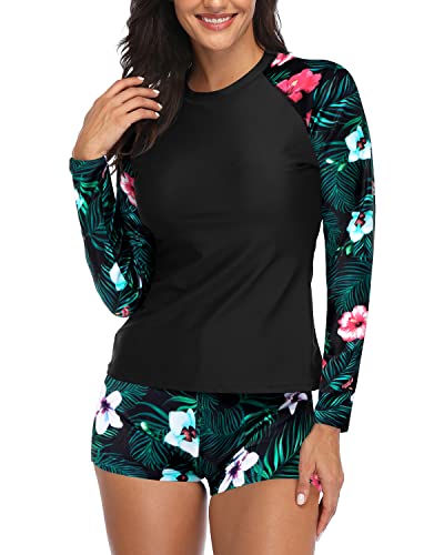 Uv Upf 50+ Two Piece Rash Guard Long Sleeve Swimsuit For Women-Black Floral