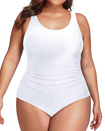 Plus Size Backless Tummy Control Ruched One Piece Swimsuit-White