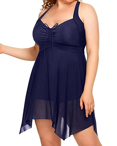 Padded Bra Long Torso Swimsuits Two Piece Swim Dress-Navy Blue