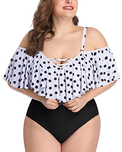 Ruffled Off-Shoulder Plus Size One Piece Swimsuits For Women-White Black Polka Dots