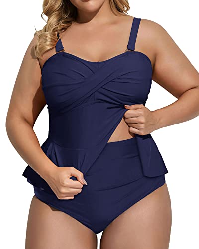 Strapless Bandeau Peplum Tankini High Waisted Tummy Control Bottom Plus Size Swimsuit-Navy Blue