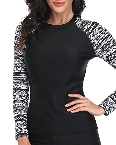 Uv Protection Long Sleeve Rashguard Top For Women-Black And White Snake Print