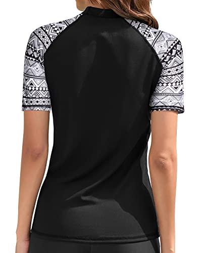 Women's Crew Neck Swimsuit Top Raglan Sleeves Short Sleeve Rashguard Top Swim Shirt-Black White