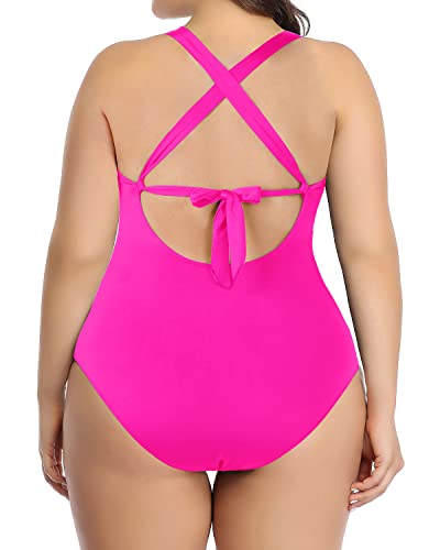 Tummy Control High Neck Monokini Bathing Suit For Plus Size Women-Neon Pink