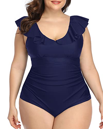 Removable Padded Plus Size One Piece Swimsuits-Navy Blue